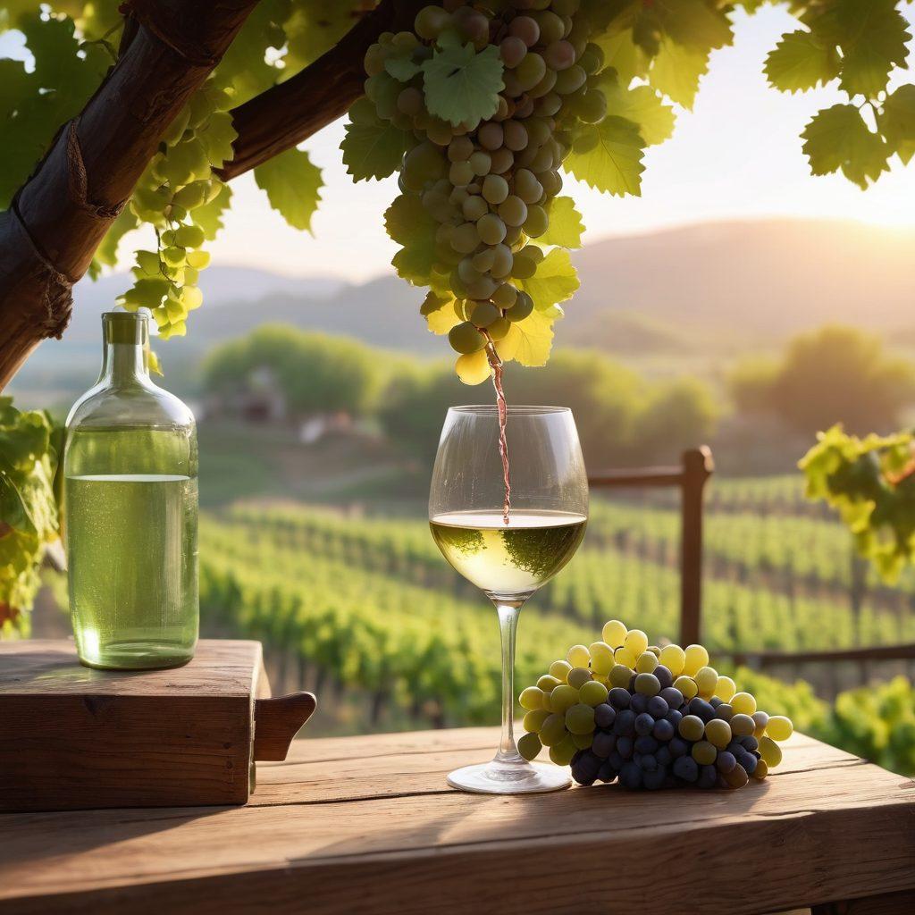 A picturesque vineyard at sunrise, with lush green grapevines heavy with ripe grapes, a rustic wooden wine press, and a flow of freshly poured wine cascading into a crystal glass. In the background, a sommelier thoughtfully examines the wine, embodying the joy and craftsmanship of winemaking. The scene is vibrant and warm, exuding a sense of celebration and connection to nature. super-realistic. vibrant colors. 3D.