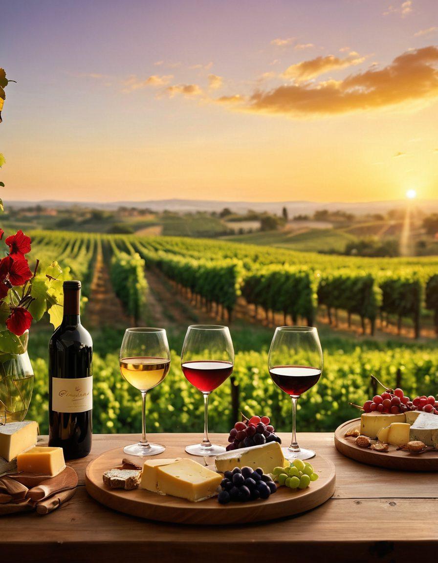A beautifully arranged wine tasting scene featuring an elegant wooden table set with various wine glasses filled with rich red and white wines. In the background, lush vineyards under a golden sunset, and a sommelier expertly swirling a glass to enhance aromas. Scattered around are artisanal cheese platters and grape bunches to add texture and color. The ambiance radiates warmth and celebration, evoking a sense of joy and sophistication. super-realistic. vibrant colors. golden hour lighting.