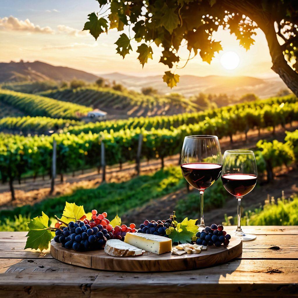 A picturesque vineyard at sunset, with lush grapevines sprawling across gentle hills, a winding path leading to a rustic winery in the background. A glass of red wine sits elegantly on a wooden table, next to a cheese platter, with golden rays of sunlight filtering through the leaves. Soft bokeh effect captures the ambiance of joy and relaxation. vibrant colors. super-realistic.